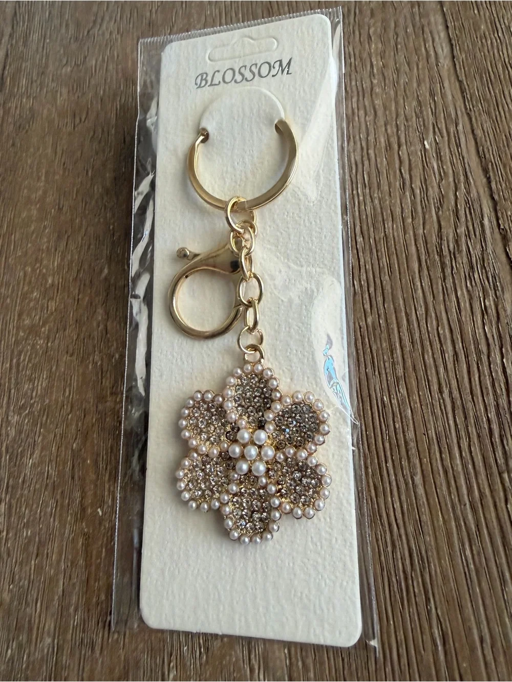 Blossom Gold-Tone Pearl & Rhinestone Flower Keychain Bag Charm, NWT